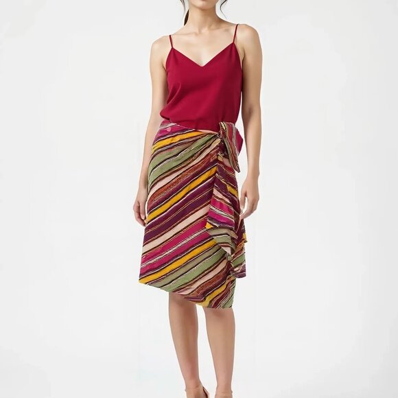 Ralph Lauren RL Silk Striped Purple Green Pink Mustard Wrap Sarong Dress Skirt M - Picture 1 of 5